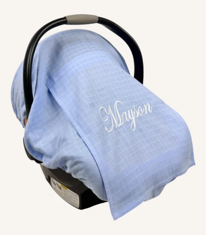 Mavi müslin lastikli puset örtüsü, kapaklı tül pencereli, Doona uyumlu, mini fiyonk opsiyonlu, hafif bebek puset örtüsü