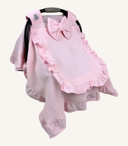 Pembe dama pike puset örtüsü, fırfırlı kapaklı, tül pencereli, kişiselleştirilebilir nakışlı, mevsimlik bebek puset örtüsü