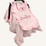 Pembe dama pike kapaklı puset örtüsü, tül pencereli, fırfırlı kenarlı, %100 pamuk bebek puset örtüsü