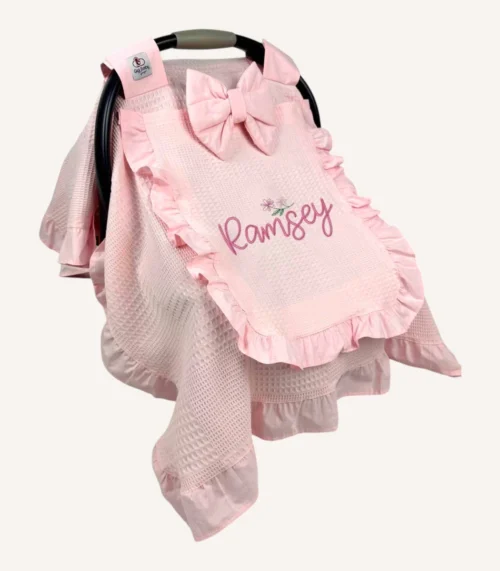 Pembe dama pike kapaklı puset örtüsü, tül pencereli, fırfırlı kenarlı, %100 pamuk bebek puset örtüsü