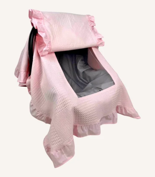 Pembe dama pike kapaklı puset örtüsü, tül pencereli, fırfırlı kenarlı, %100 pamuk bebek puset örtüsü