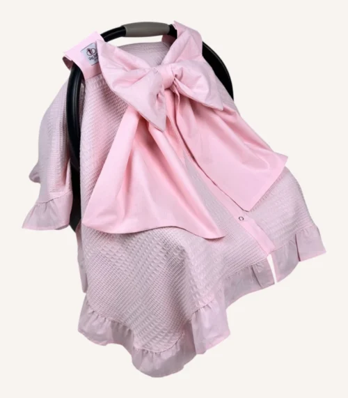 Pembe dama pike puset örtüsü, fiyonklu, ortadan yırtmaçlı çıtçıtlı model, fırfırlı kenarlı, %100 pamuk bebek puset örtüsü