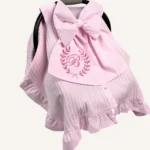 Pembe örgü pike puset örtüsü, fiyonklu, ortadan yırtmaçlı çıtçıtlı model, fırfırlı kenarlı, %100 pamuk bebek puset örtüsü