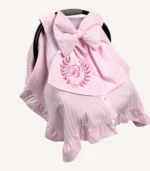 Pembe örgü pike puset örtüsü, fiyonklu, ortadan yırtmaçlı çıtçıtlı model, fırfırlı kenarlı, %100 pamuk bebek puset örtüsü