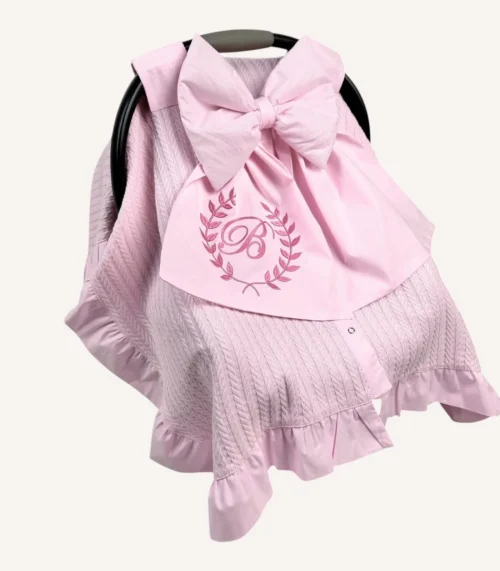 Pembe örgü pike puset örtüsü, fiyonklu, ortadan yırtmaçlı çıtçıtlı model, fırfırlı kenarlı, %100 pamuk bebek puset örtüsü