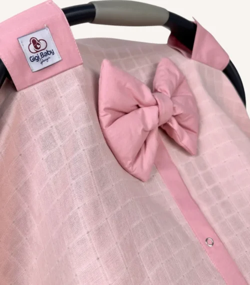 Pudra müslin puset örtüsü, mini fiyonklu, ortadan yırtmaçlı çıtçıtlı model, akfil fırfırlı, tek kat hafif yazlık bebek puset örtüsü