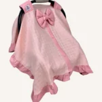 Pudra müslin puset örtüsü, mini fiyonklu, ortadan yırtmaçlı çıtçıtlı model, akfil fırfırlı, tek kat hafif yazlık bebek puset örtüsü