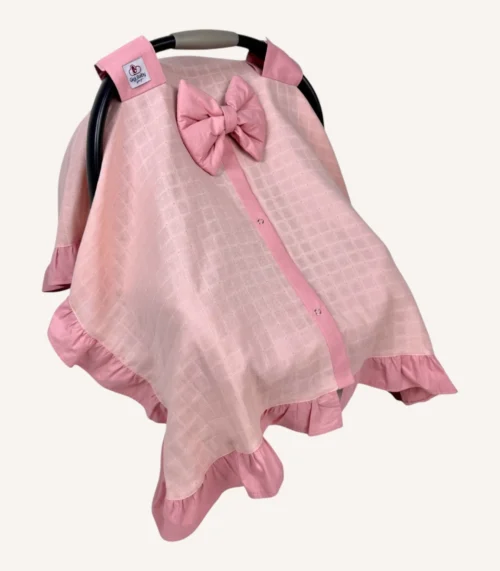 Pudra müslin puset örtüsü, mini fiyonklu, ortadan yırtmaçlı çıtçıtlı model, akfil fırfırlı, tek kat hafif yazlık bebek puset örtüsü