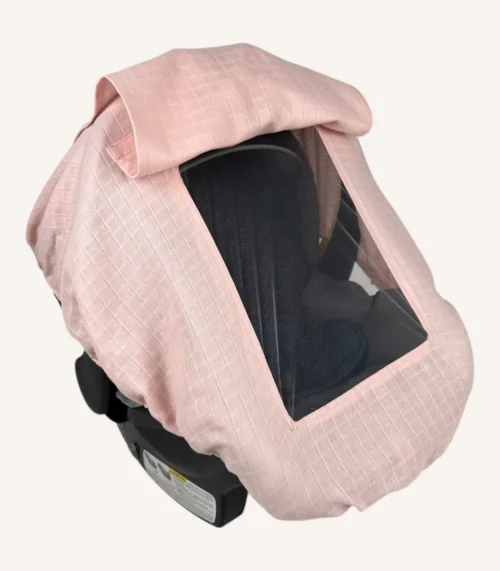 Pudra müslin lastikli puset örtüsü, kapaklı tül pencereli, Doona uyumlu, mini fiyonk opsiyonlu, hafif bebek puset örtüsü