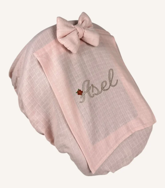 Pudra müslin lastikli puset örtüsü, kapaklı tül pencereli, Doona uyumlu, mini fiyonk opsiyonlu, hafif bebek puset örtüsü