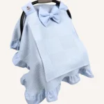 Bebek mavisi dama pike fırfırlı puset örtüsü, mini fiyonklu, sade kapaklı, tül pencereli, kişiselleştirilebilir bebek örtüsü