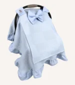 Bebek mavisi dama pike fırfırlı puset örtüsü, mini fiyonklu, sade kapaklı, tül pencereli, kişiselleştirilebilir bebek örtüsü