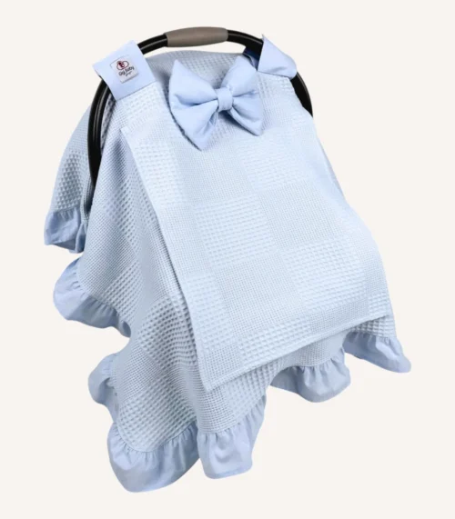 Bebek mavisi dama pike fırfırlı puset örtüsü, mini fiyonklu, sade kapaklı, tül pencereli, kişiselleştirilebilir bebek örtüsü