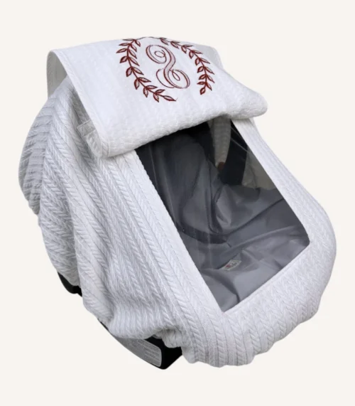 Beyaz örgü pike lastikli puset örtüsü, kapaklı tül pencereli, Doona tipi uyumlu, opsiyonel fiyonklu, sade bebek puset örtüsü