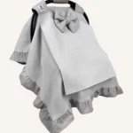 Gri dama pike fırfırlı puset örtüsü, mini fiyonklu, sade kapaklı, tül pencereli, kişiselleştirilebilir bebek örtüsü