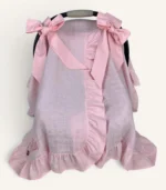 Pembe çift fiyonklu fırfırlı müslin puset örtüsü, yırtmaçlı, kişiselleştirilebilir nakışlı, romantik bebek örtüsü