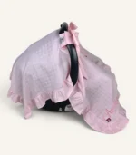 Pembe çift fiyonklu fırfırlı müslin puset örtüsü, yırtmaçlı, kişiselleştirilebilir nakışlı, romantik bebek örtüsü