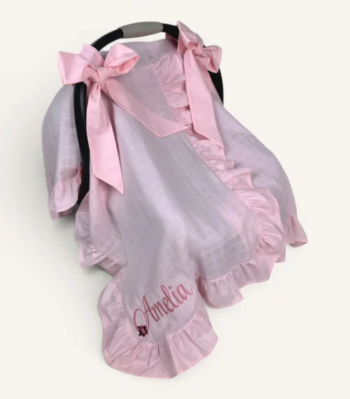 Pembe çift fiyonklu fırfırlı müslin puset örtüsü, yırtmaçlı, kişiselleştirilebilir nakışlı, romantik bebek örtüsü