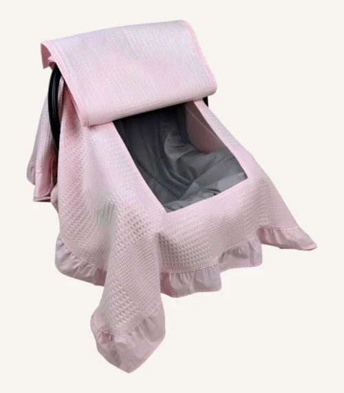 Pembe dama pike fırfırlı puset örtüsü, sade kapaklı, tül pencereli, kişiselleştirilebilir nakışlı, mevsimlik bebek puset örtüsü