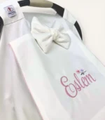 Ekru organik pamuk kroşe detaylı fırfırlı puset örtüsü, kapaklı, kişiselleştirilebilir nakışlı, zarif bebek puset örtüsü