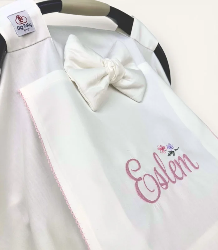 Ekru organik pamuk kroşe detaylı fırfırlı puset örtüsü, kapaklı, kişiselleştirilebilir nakışlı, zarif bebek puset örtüsü