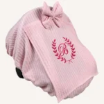 Pembe örgü pike lastikli puset örtüsü, kapaklı tül pencereli, Doona uyumlu, fiyonklu opsiyonlu, bebek puset örtüsü