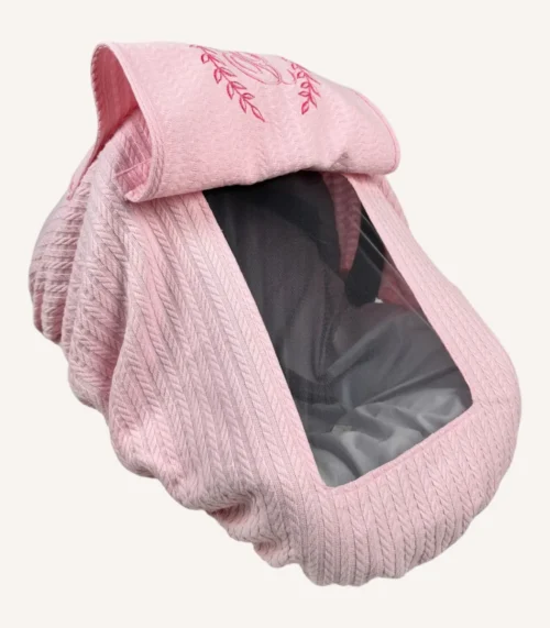 Pembe örgü pike lastikli puset örtüsü, kapaklı tül pencereli, Doona uyumlu, fiyonklu opsiyonlu, bebek puset örtüsü