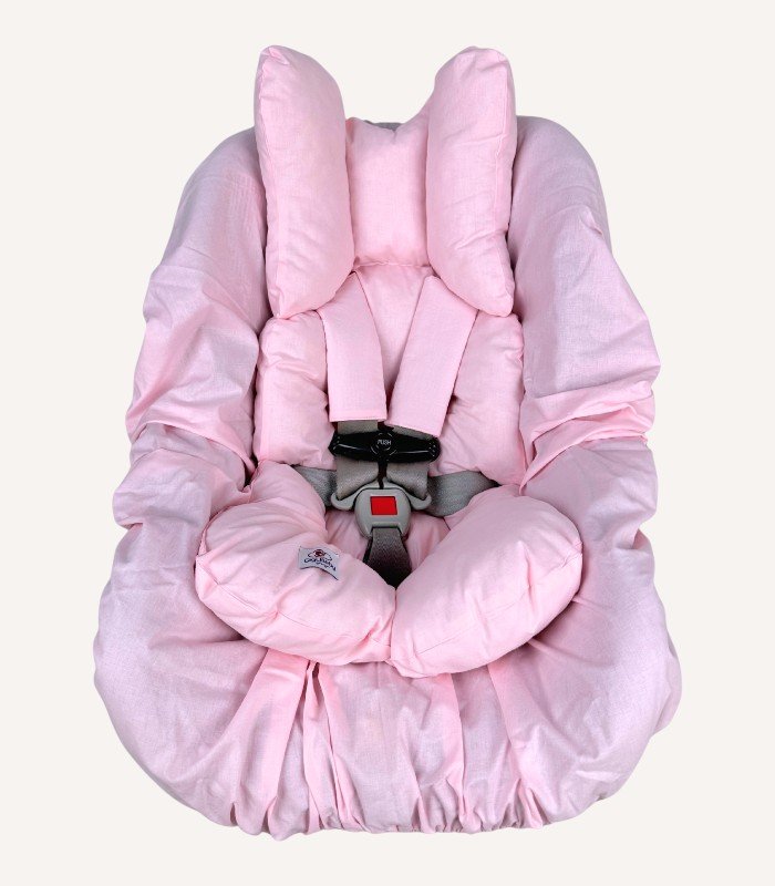 pembe-puset-kilifi-puset-minderi-ve-kemer-kilifi Pembe pamuklu puset seti, nakış detaylı puset kılıfı, kemer kılıfı hediyesi ve opsiyonel destek minderli bebek puset örtüsü